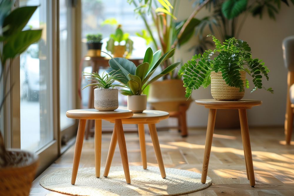 Plants on small wooden tables windowsill furniture interior design.