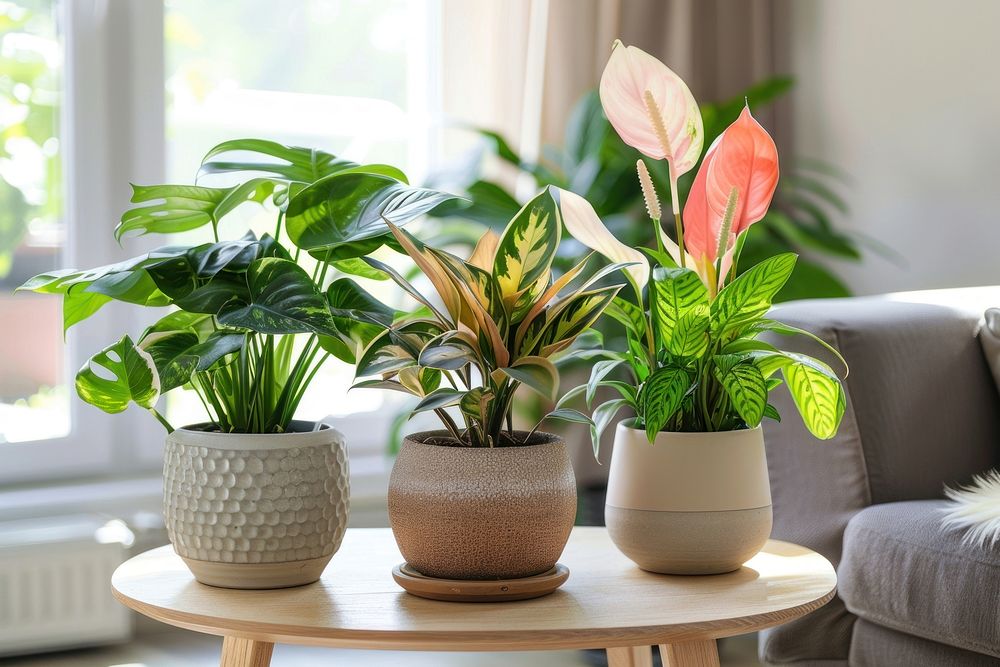 Plants on small wooden tables flower houseplant decoration.