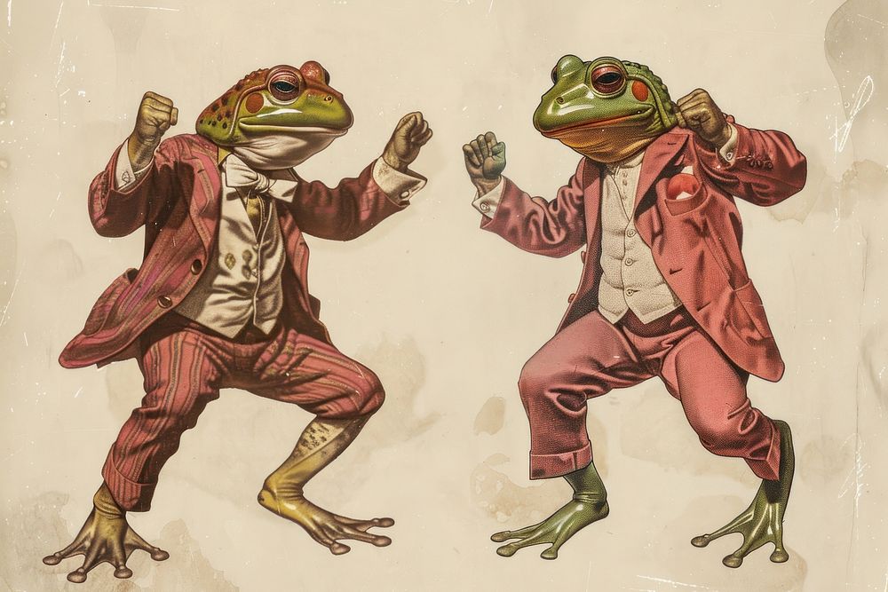 Vintage illustration of 2 frog amphibian representation bullfrog.