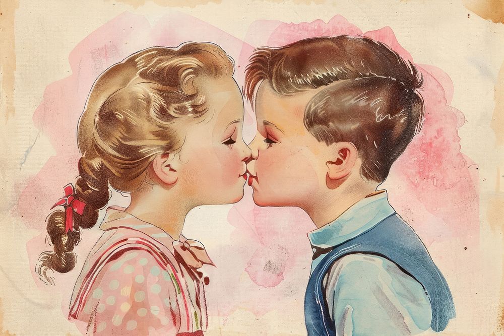 Boy and girl kissing portrait art togetherness.