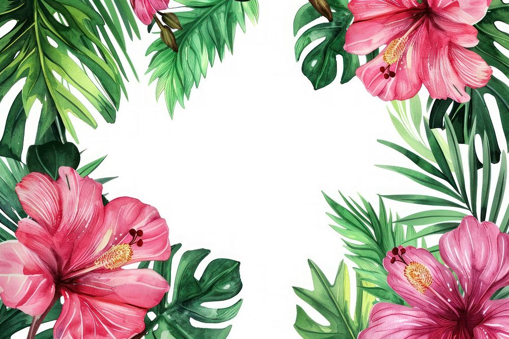 Watercolor tropical borders hibiscus flower backgrounds.