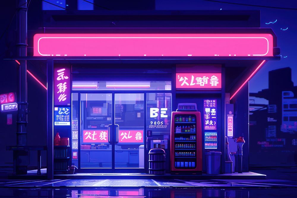 Cyberpunk convenient store neon advertisement architecture.