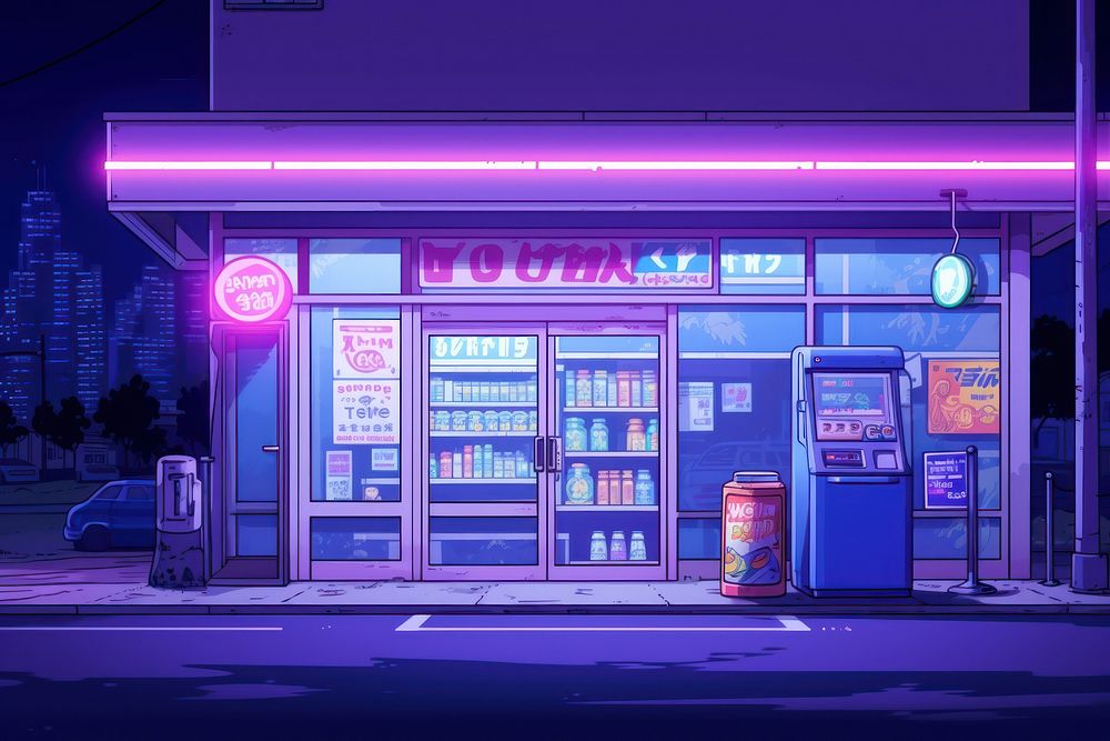 Cyberpunk convenient store purple kiosk neon.