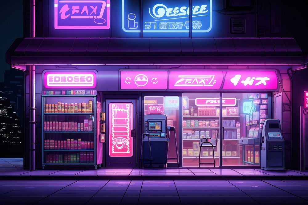 Cyberpunk convenient store neon advertisement architecture.