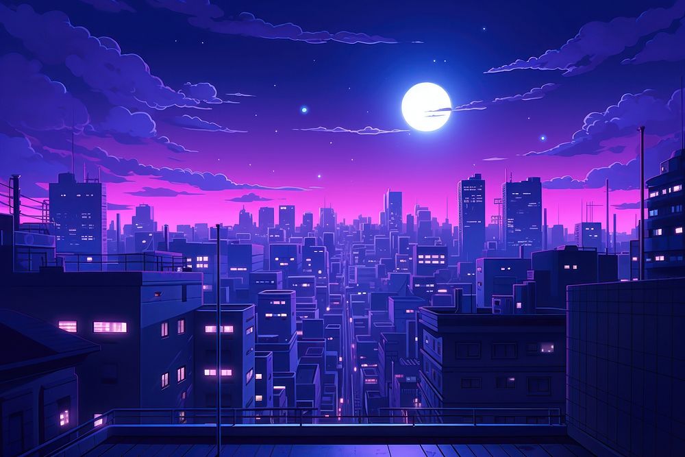 Night time cityscape purple architecture metropolis.