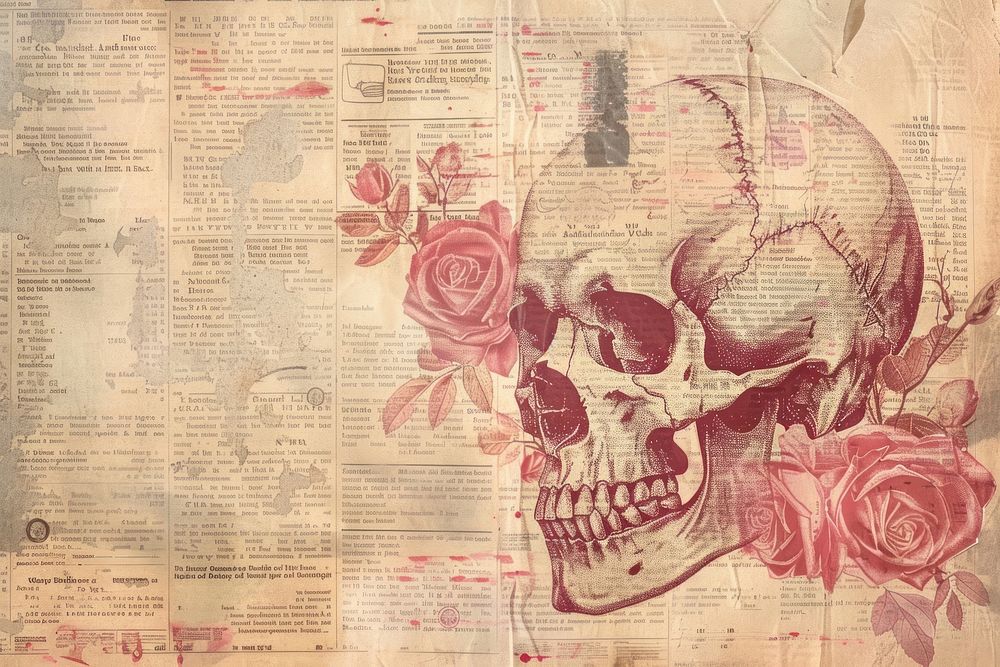 Skull roses ephemera border drawing paper text.