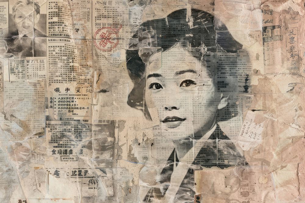 Asian business women ephemera border collage backgrounds newspaper.