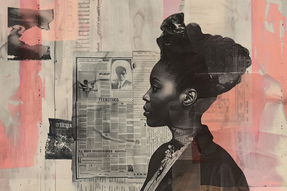 Black businesswoman meeting ephemera border collage portrait drawing.