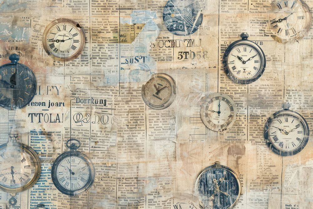 Old stop watches ephemera border backgrounds newspaper text.