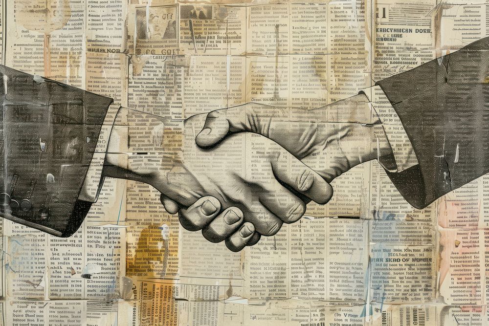 Business handshake ephemera border backgrounds newspaper text.