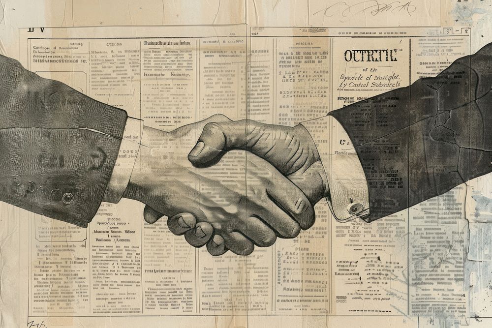 Business handshake ephemera border text newspaper drawing.