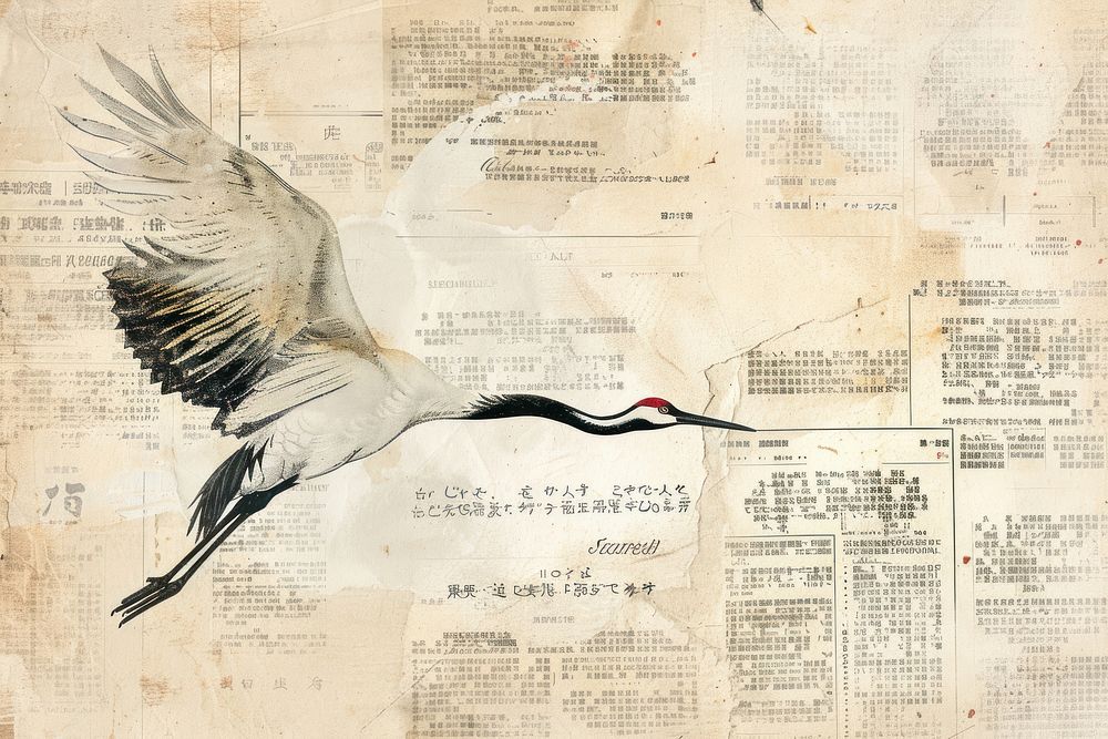 Japanese crane ephemera border newspaper drawing animal.