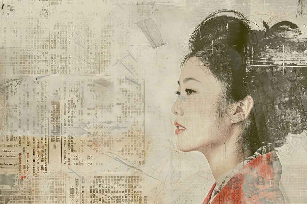 Asian business women ephemera border newspaper portrait drawing.