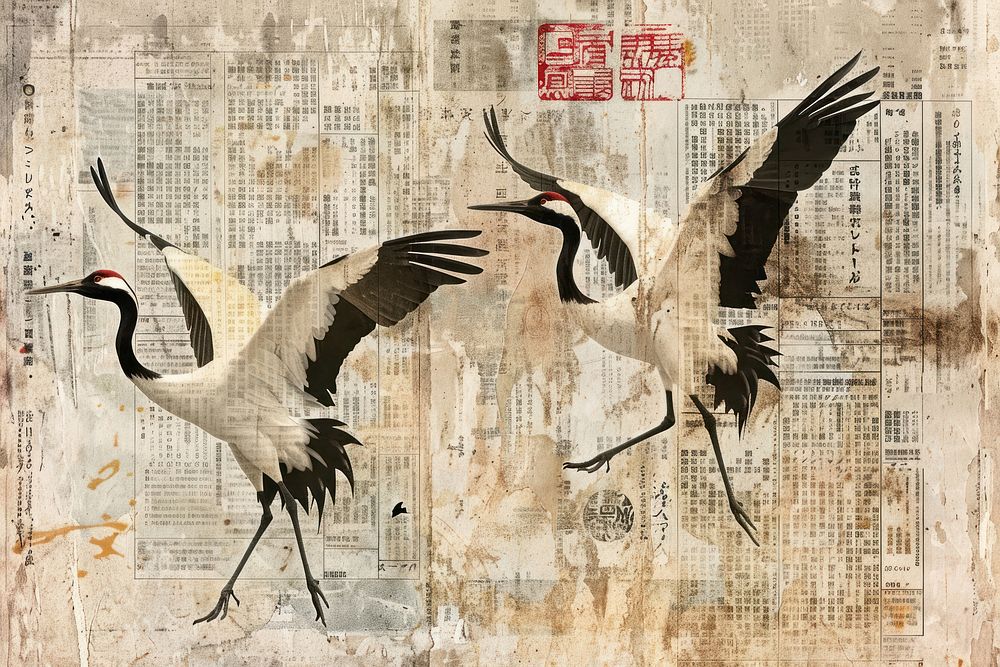 Japanese crane ephemera border drawing animal bird.