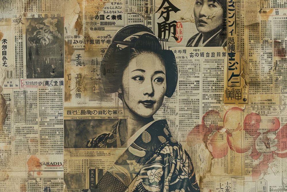 Samurai ephemera border newspaper collage drawing.