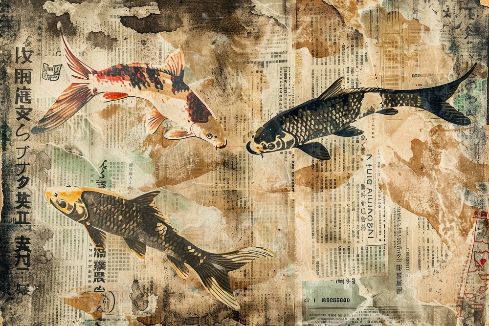Koi carp ephemera border backgrounds painting collage.
