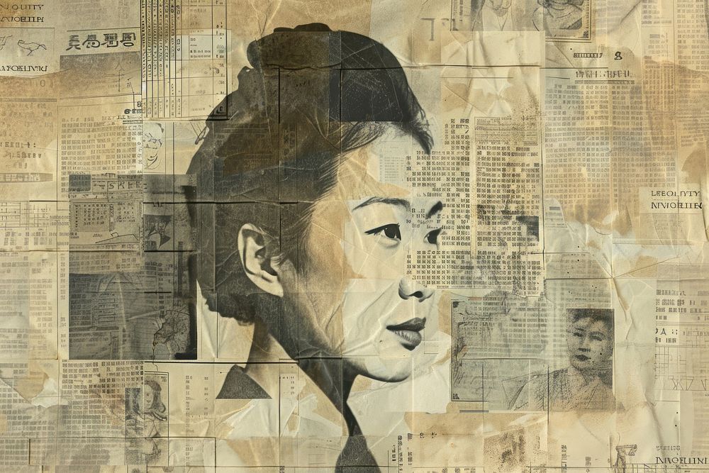 Asian business women ephemera border collage newspaper drawing.