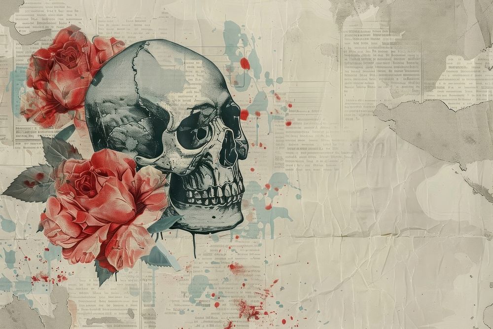 Skull roses ephemera border collage flower paper.