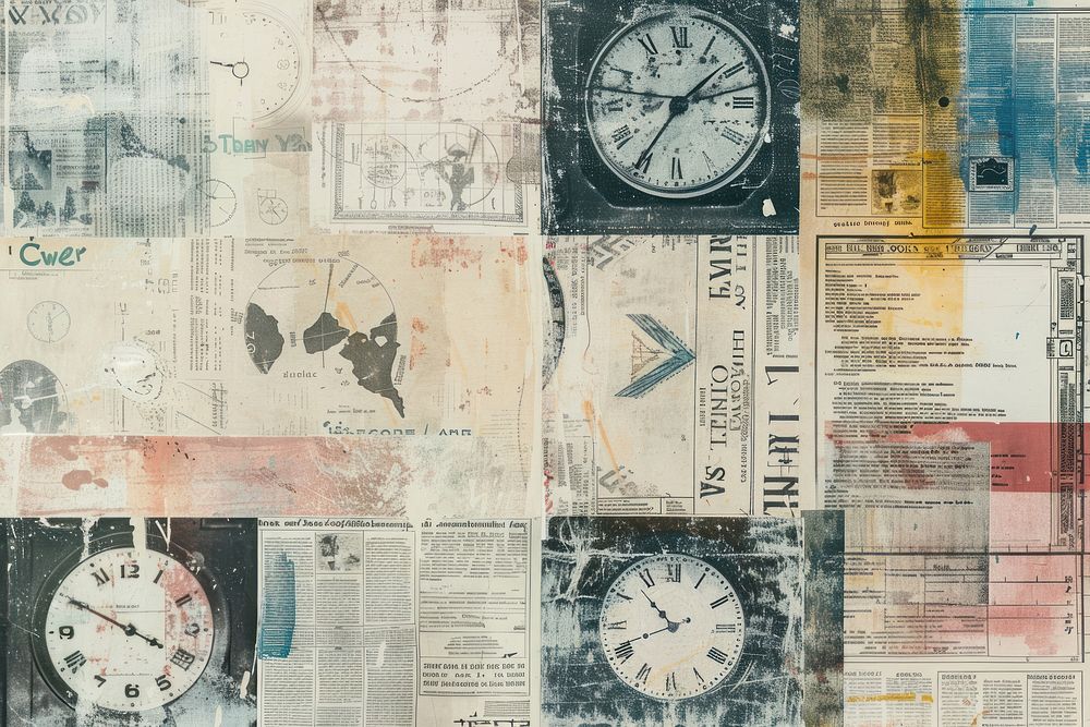 Time clocks ephemera border collage backgrounds newspaper.