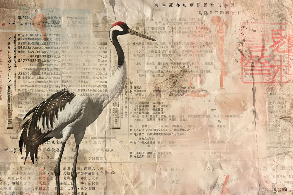 Japanese crane ephemera border text drawing animal.