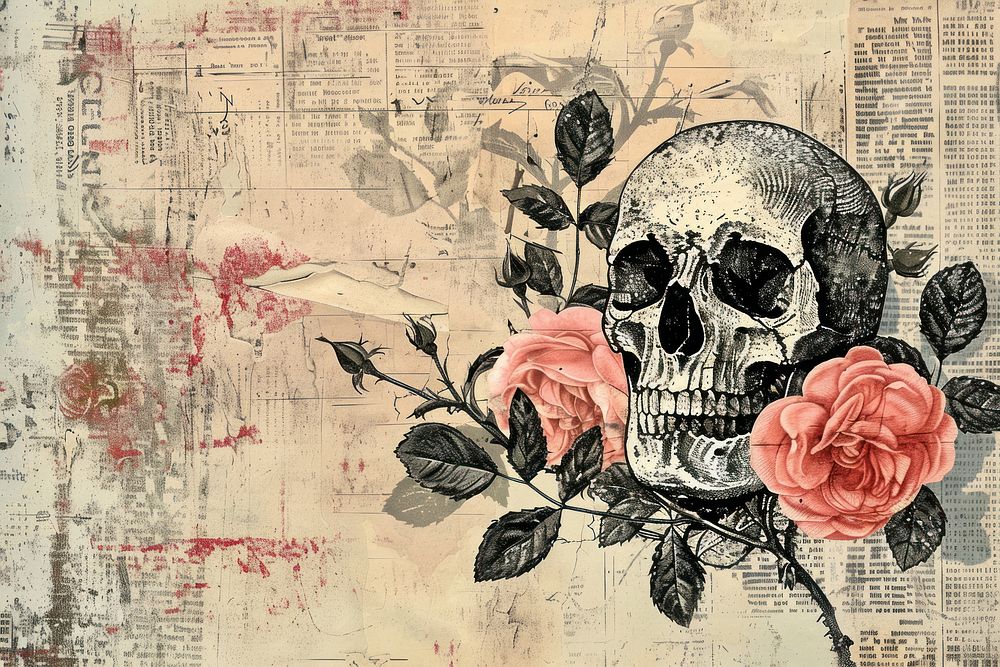 Skull roses ephemera border painting drawing collage.
