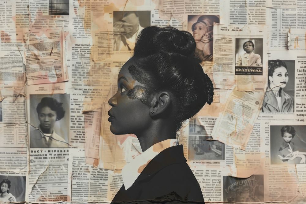 Black businesswoman meeting ephemera border newspaper collage drawing.
