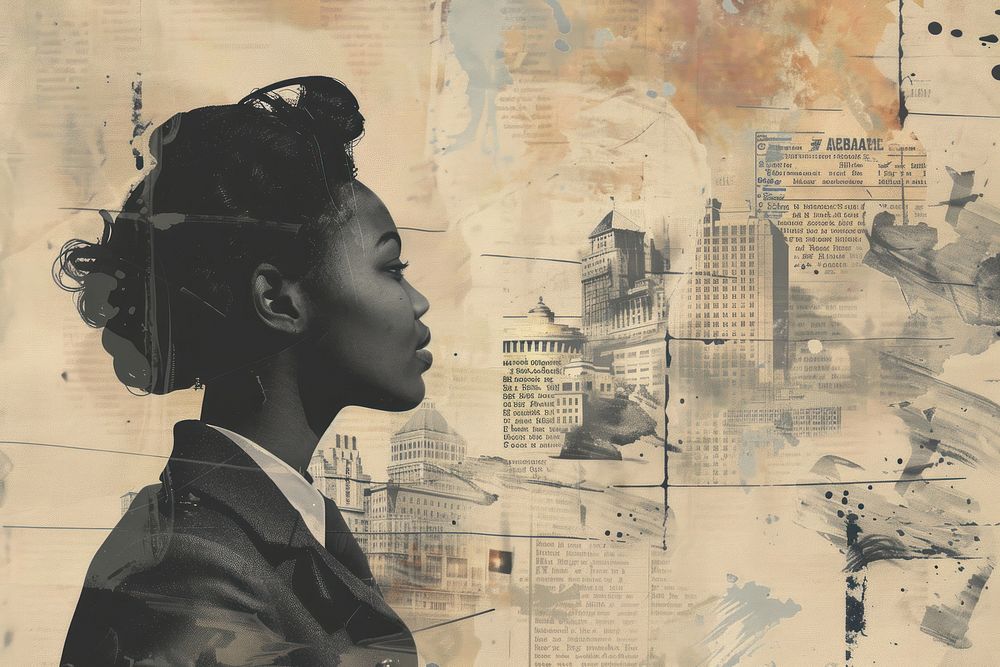 Black businesswoman meeting ephemera border portrait painting collage.