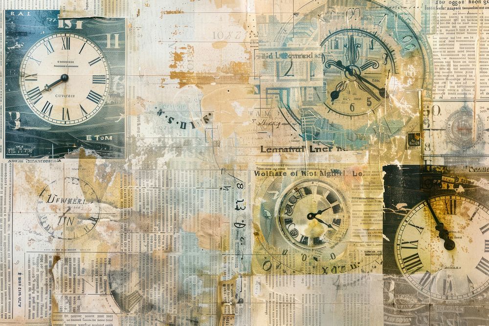 Vintage clock faces ephemera border collage backgrounds drawing.
