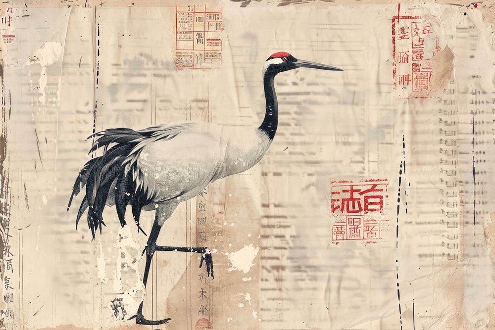 Japanese crane ephemera border backgrounds drawing animal.