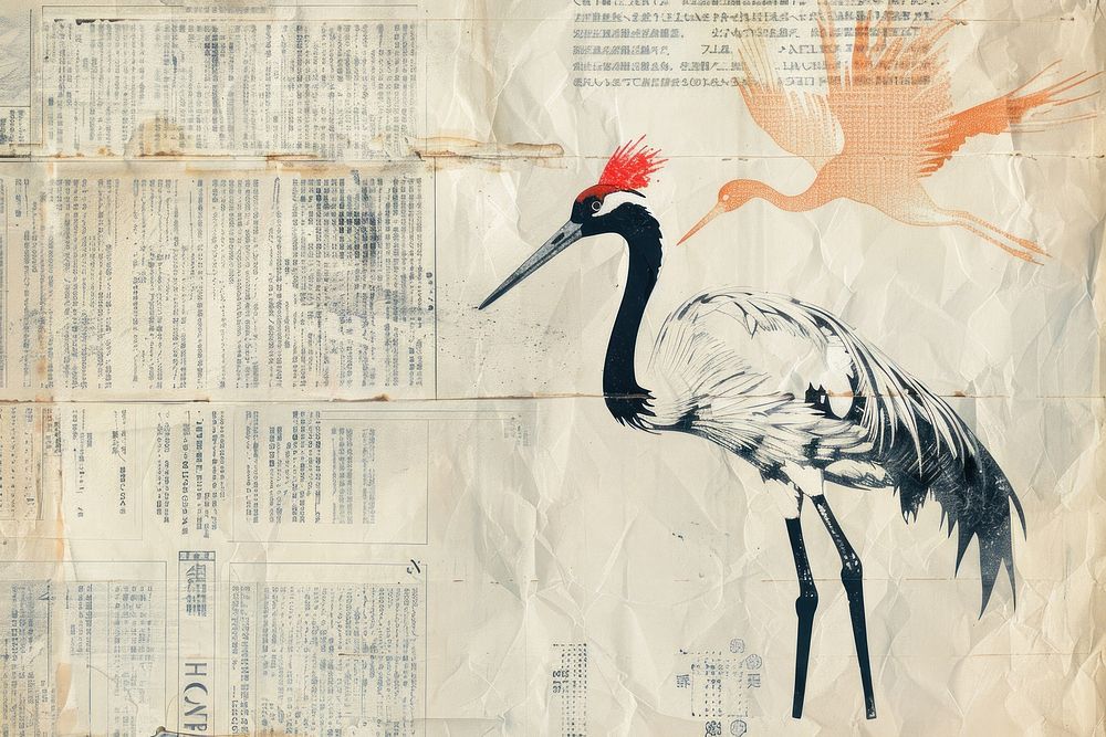 Japanese crane ephemera border drawing animal paper.