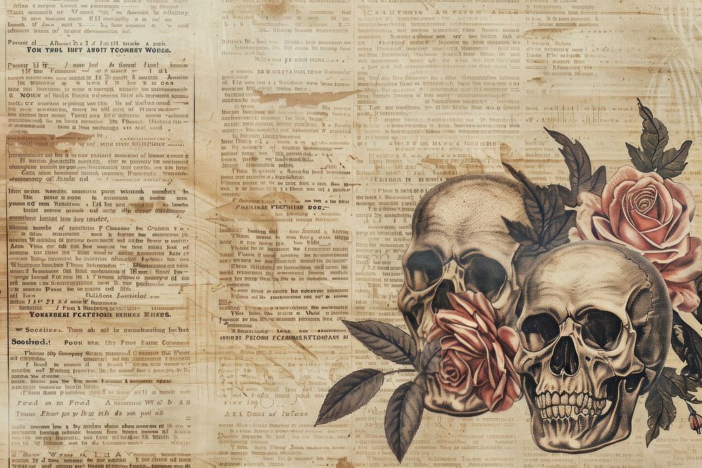 Skull roses ephemera border text newspaper art.