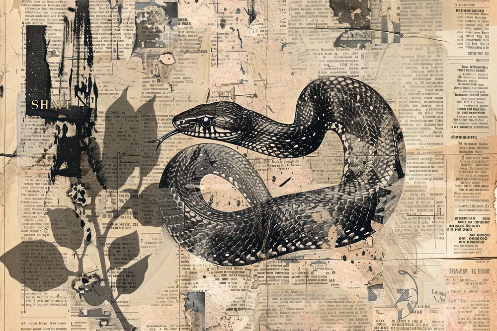 Snake ephemera border reptile drawing collage.