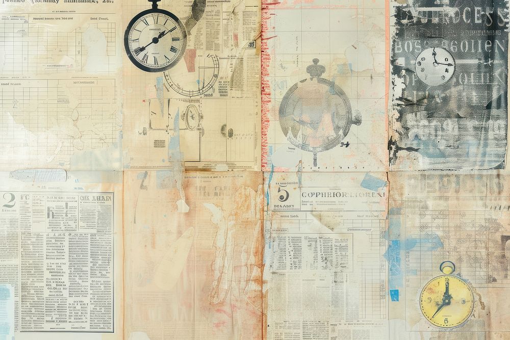 Vintage clock faces ephemera border backgrounds newspaper collage.