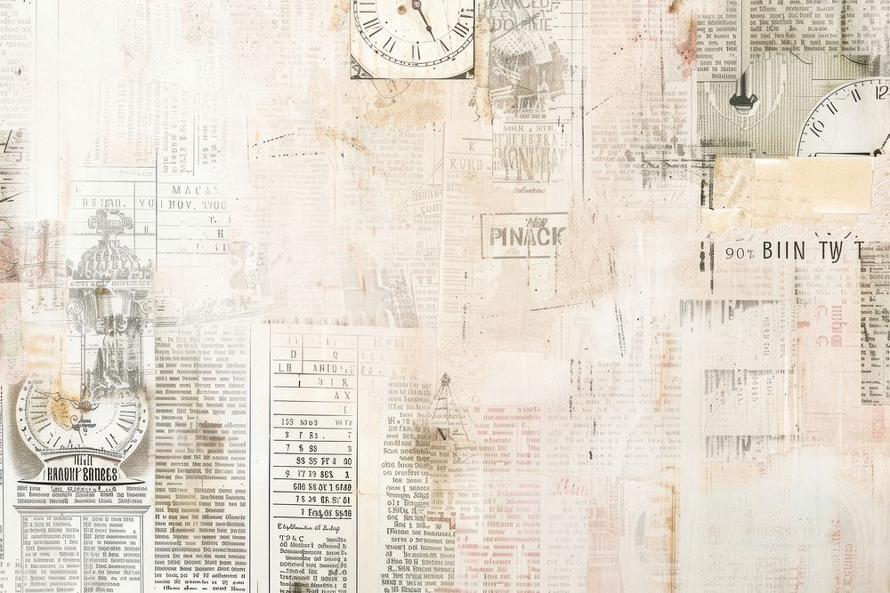 Vintage clock faces ephemera border newspaper backgrounds collage.