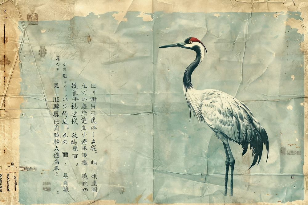 Japanese crane ephemera border drawing animal paper.