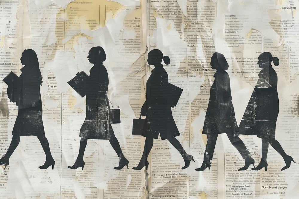 Diverse business women walking ephemera border newspaper drawing collage.