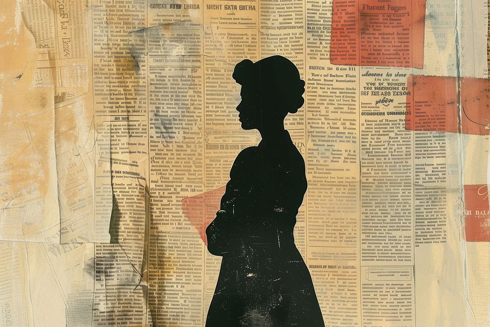 Black businesswoman meeting ephemera border newspaper collage drawing.