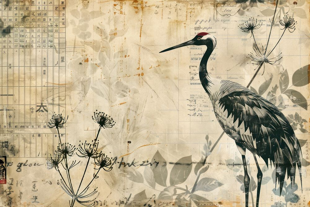 Japanese crane ephemera border backgrounds drawing animal.