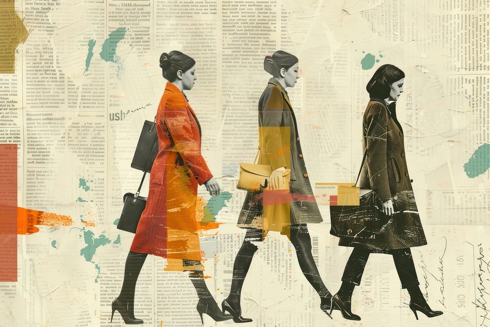 Diverse business women walking ephemera border footwear drawing fashion.