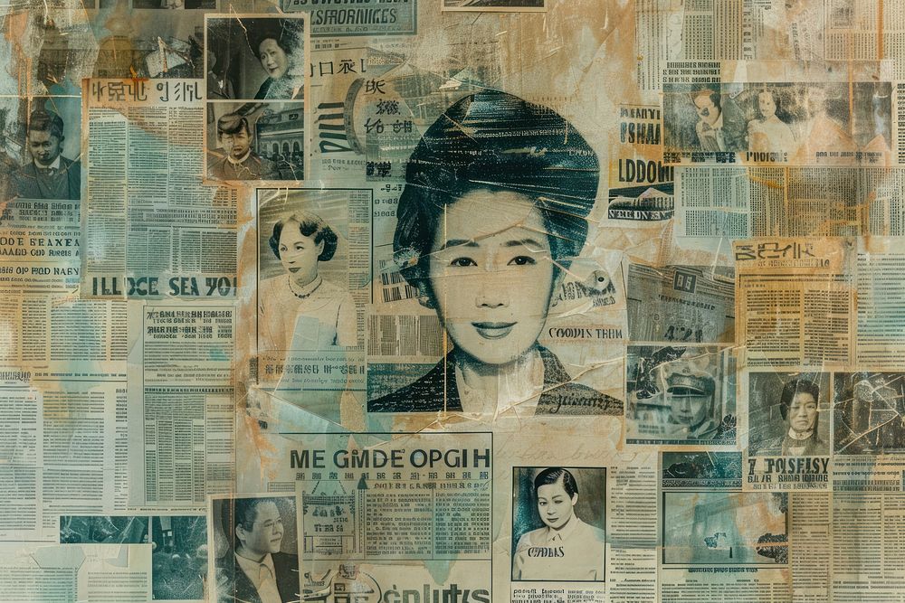 Asian business women ephemera border newspaper collage text.