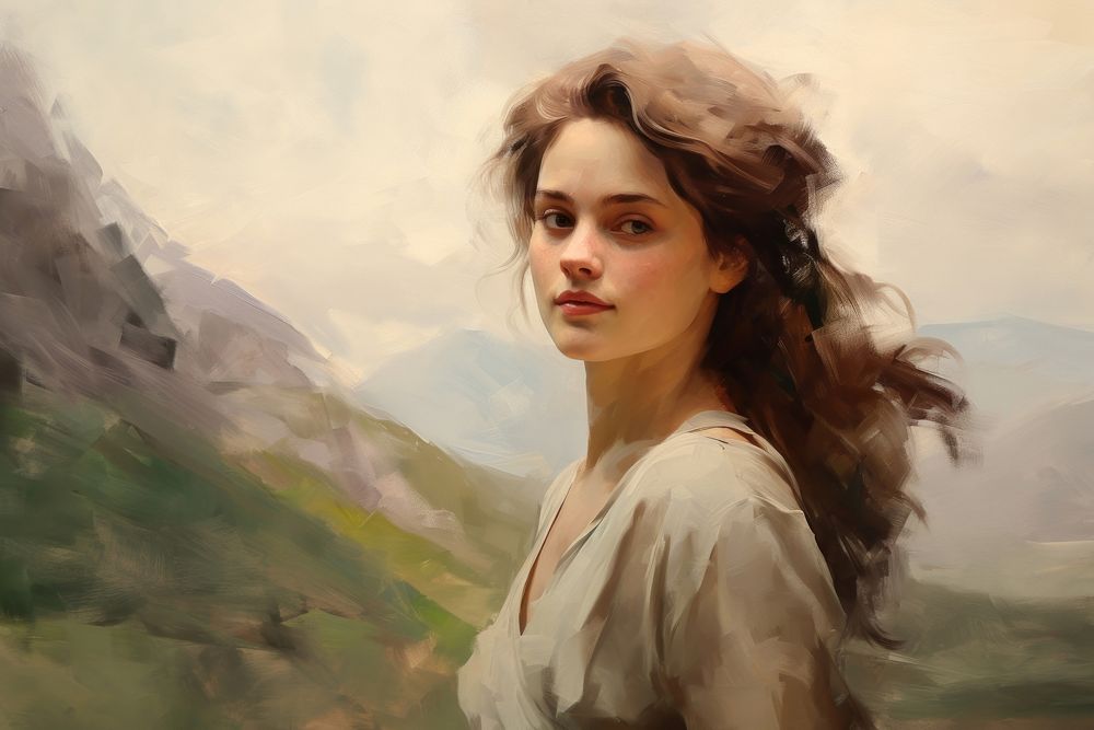 Close up on pale woman Mountain hill painting portrait mountain.