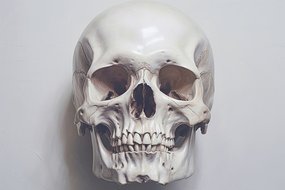 Close up on pale Glass Skull anatomy spooky horror.