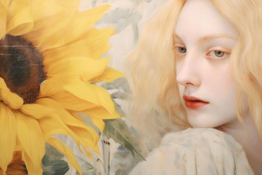 Close up on pale woman Sunflower sunflower painting portrait.