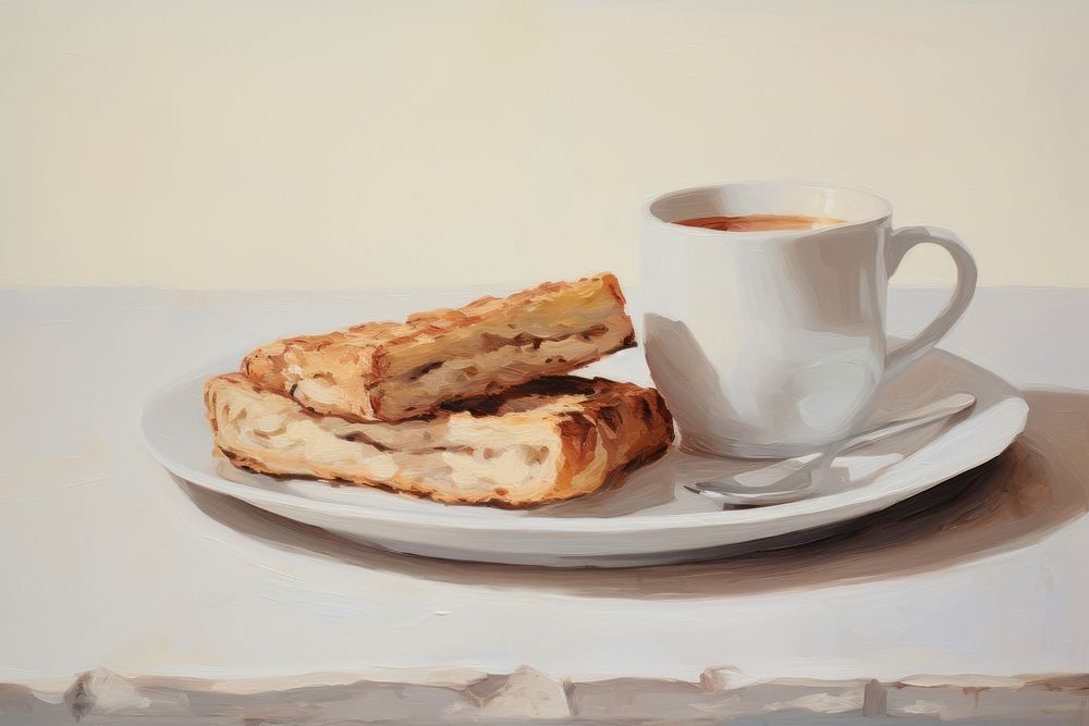Close up on pale a English breakfast painting dessert coffee.