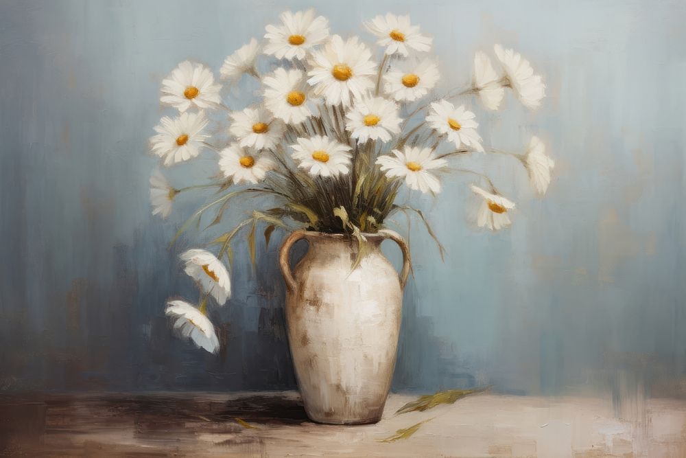 Close up on pale chamomile in vase painting flower plant.