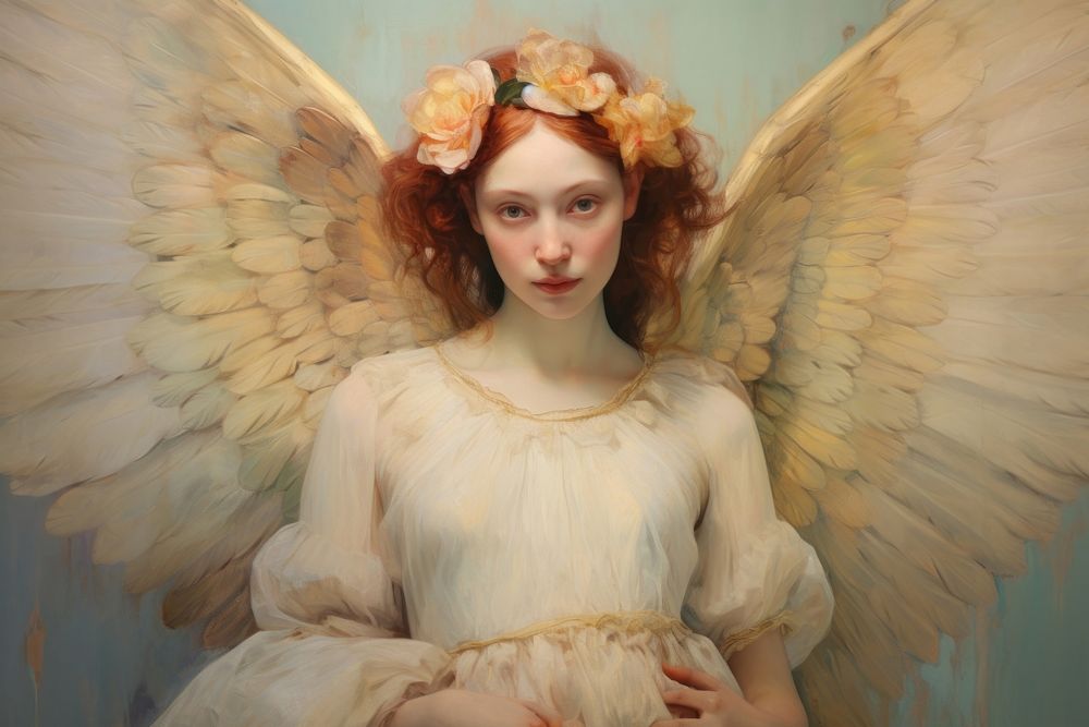 Close up on pale fullbody woman Angel angel portrait painting.