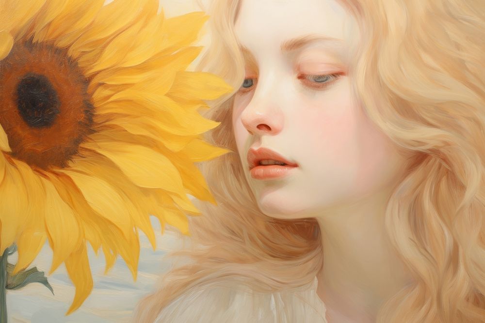 Close up on pale woman Sunflower sunflower painting portrait.