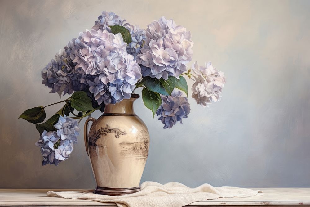 Close up on pale puple hydrangea in vase painting flower plant.