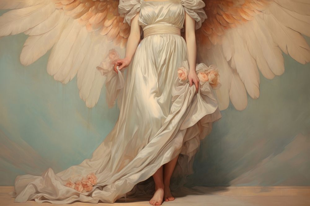 Close up on pale fullbody woman Angel angel painting fashion.