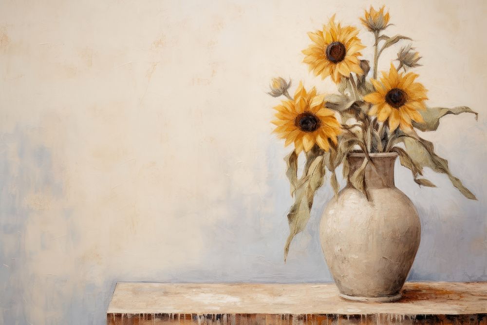 Close up on pale sunflower in vase painting plant art.